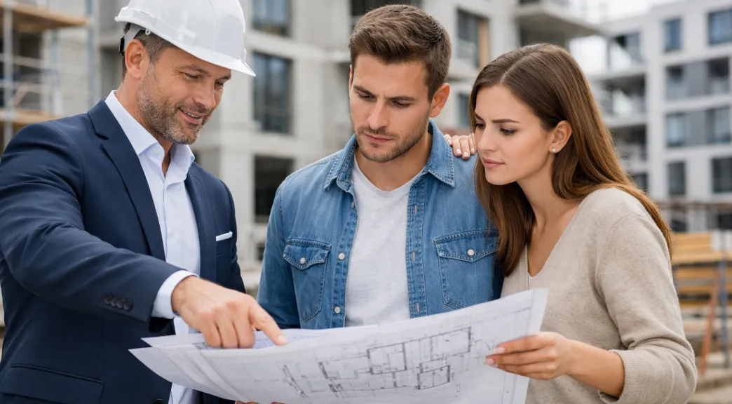 A young couple reviews plans with a confident investor at a modern construction site.